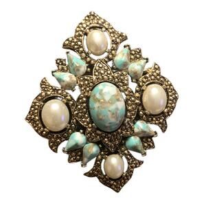 Vintage Sarah Coventry Remembrance Brooch Cabochons Blue Marbled Signed Pin 1968